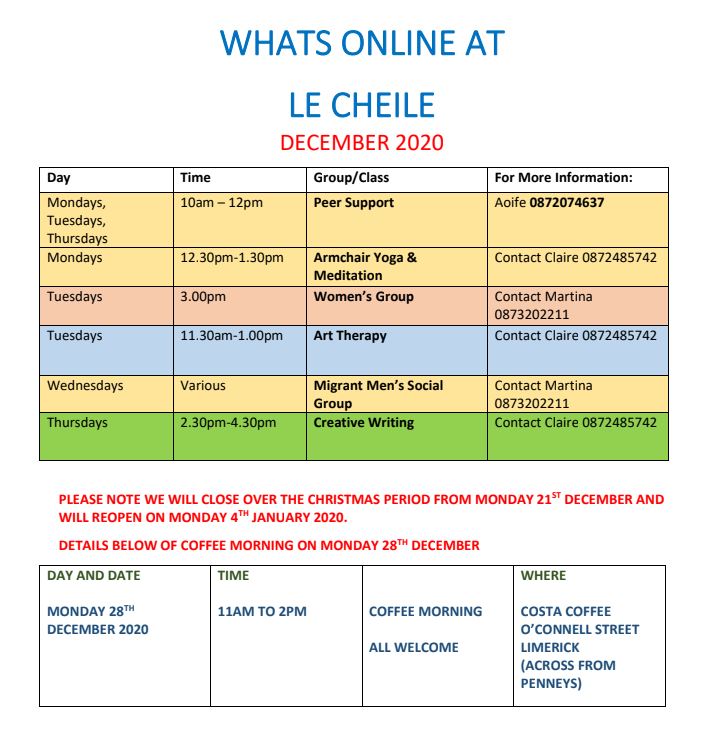 Le Chéile December Timetable