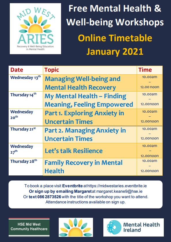 Mid-West ARIES - Free Mental Health & Wellbeing Workshops January 2021