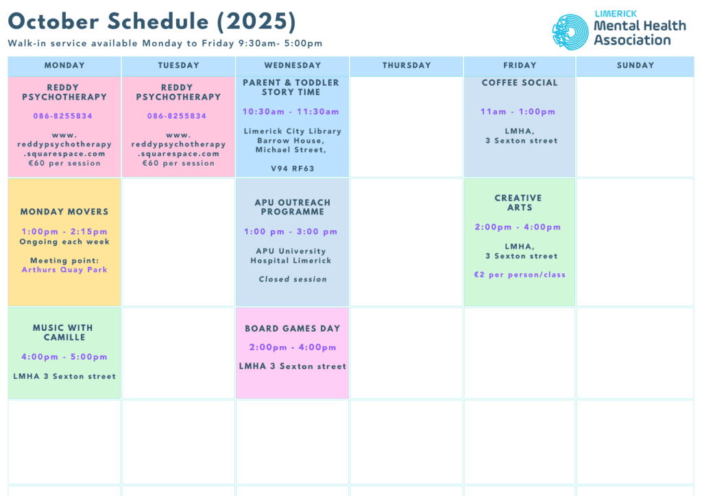 October classes and wellbeing activities at Limerick Mental Health Association